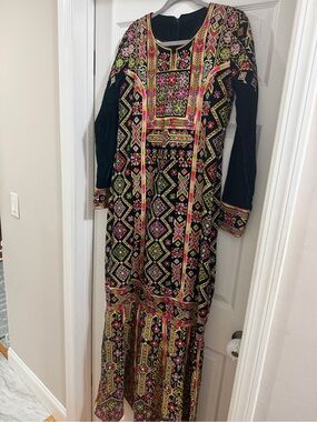 Embroidered green thobe Maxi Dress with Pink & Gold Accents